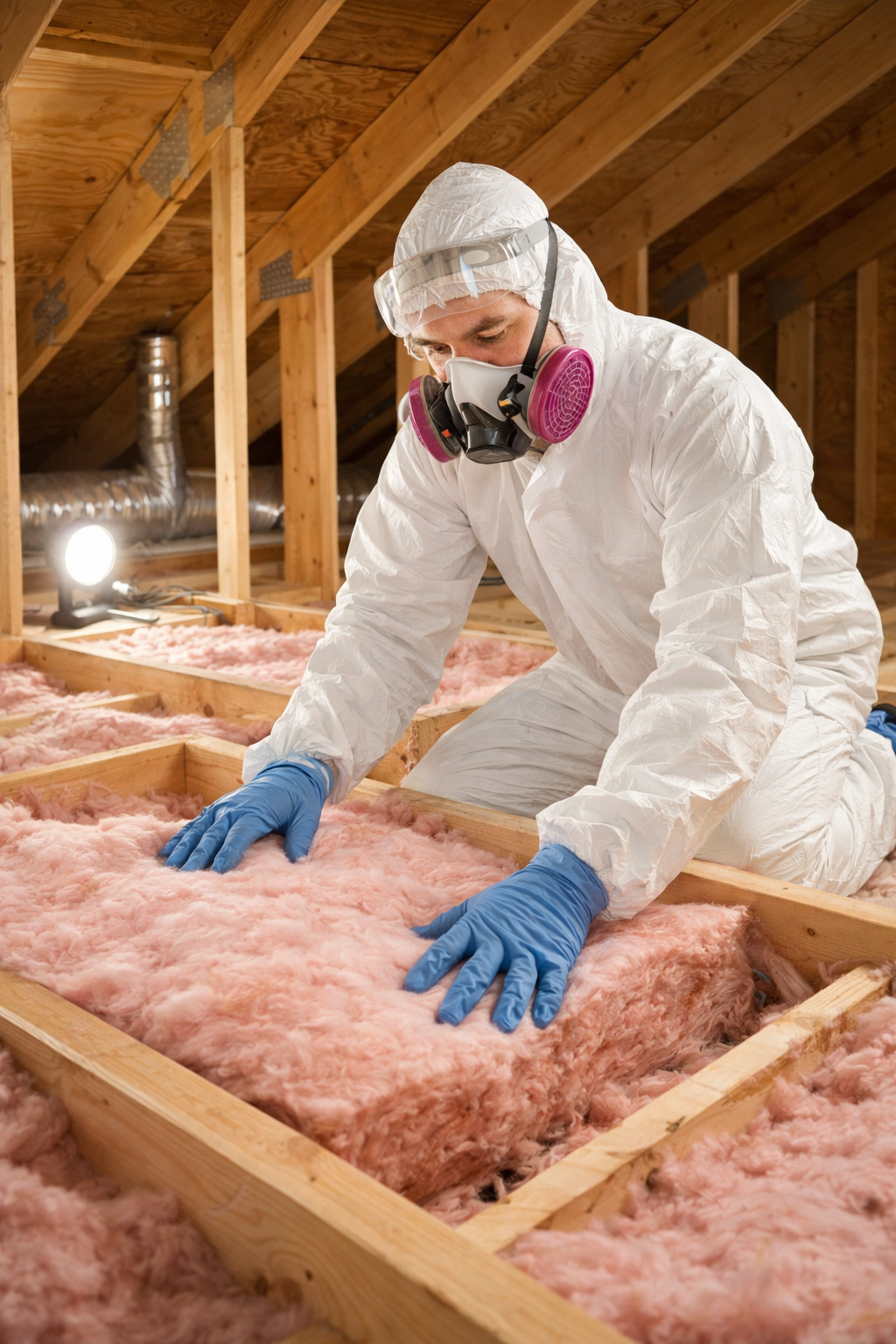 Technician in protective gear installing attic insulation